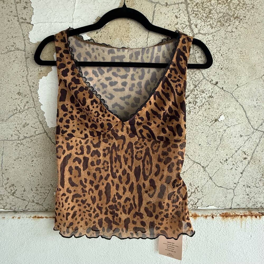 Y2K Leopard Print Mesh Tank Top Sheer Brown Black Lace Trim‎ Cami Shirt S